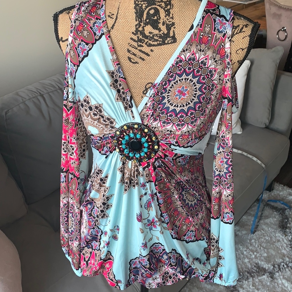 Venus boho turquoise cold shoulder blouse